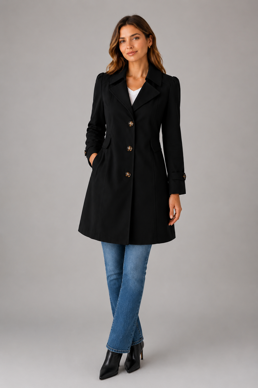 Woman wearing a black coat, blue jeans, and black shoes on a gray background
