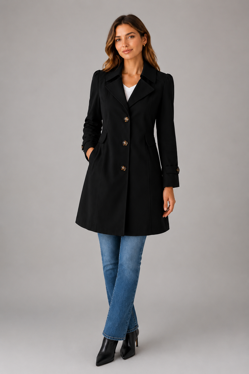 Woman wearing a black coat, blue jeans, and black shoes on a gray background