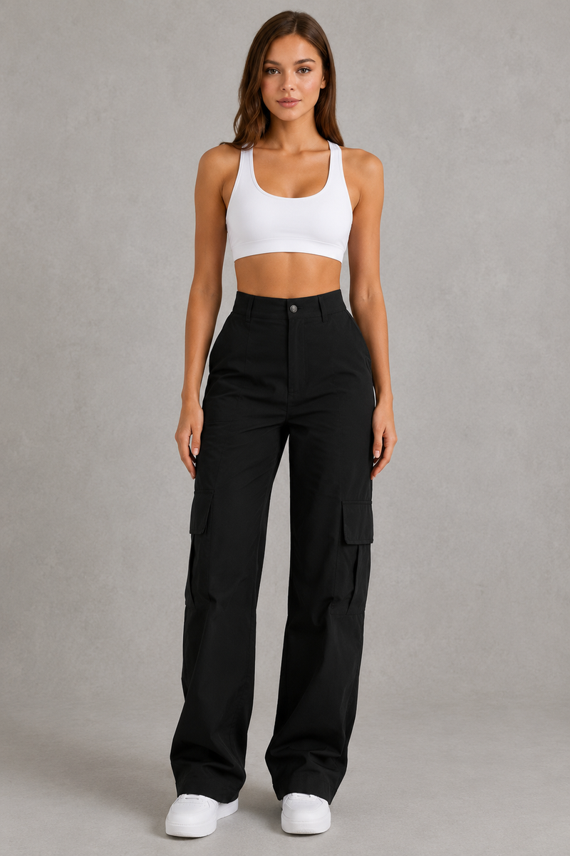 Woman wearing a white tank top and black cargo pants on a gray background