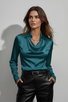 Women’s long sleeve cowl neck draped blouse with relaxed fit