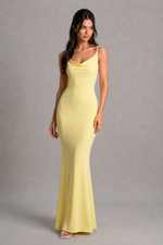 Woman wearing a yellow dress against a gray background