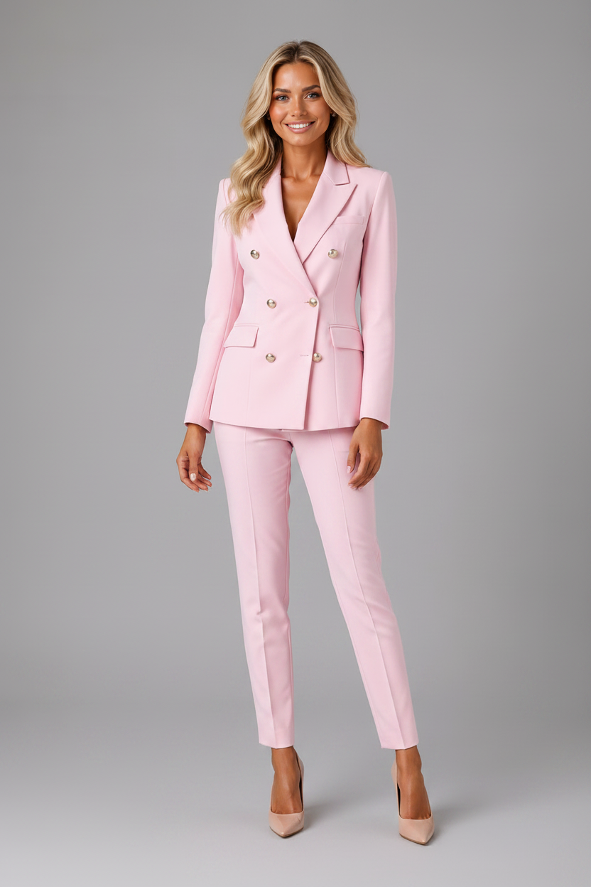 Woman wearing a pink suit on a gray background