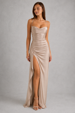 Woman wearing a beige evening gown with a slit on a gray background