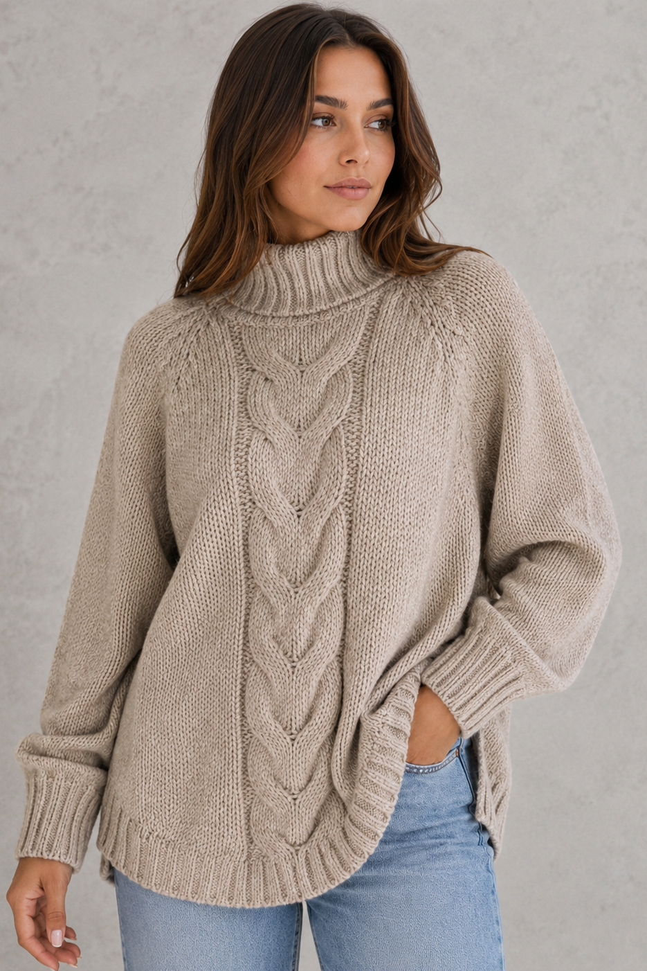 Women's Cable Knit Roll Neck Jumper - Soft Chunky Winter Sweater