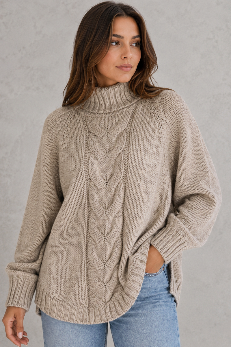 Women's Cable Knit Roll Neck Jumper - Soft Chunky Winter Sweater
