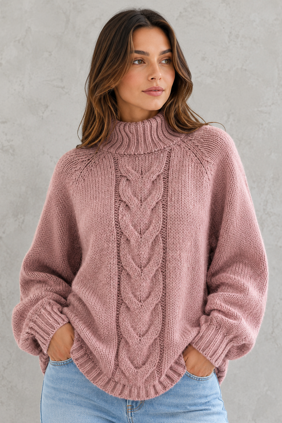 Women's Cable Knit Roll Neck Jumper - Soft Chunky Winter Sweater