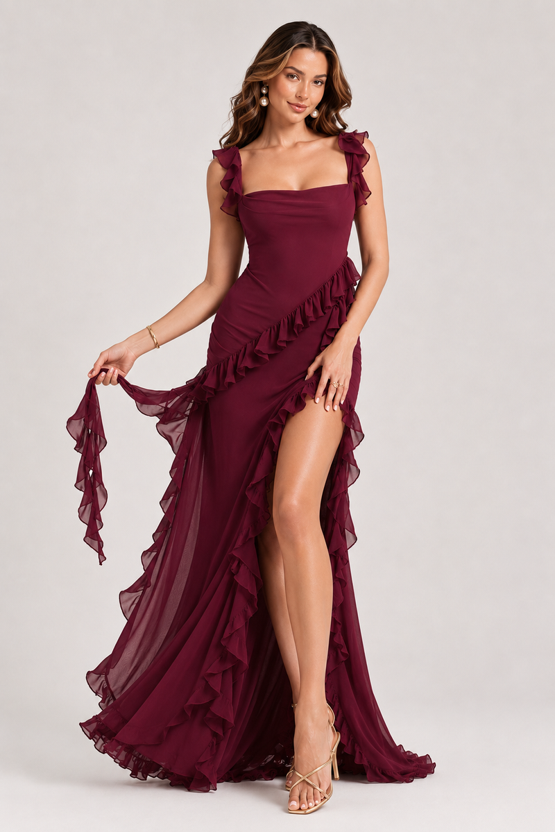 Woman wearing a burgundy evening gown with ruffled straps and a high slit on a white background