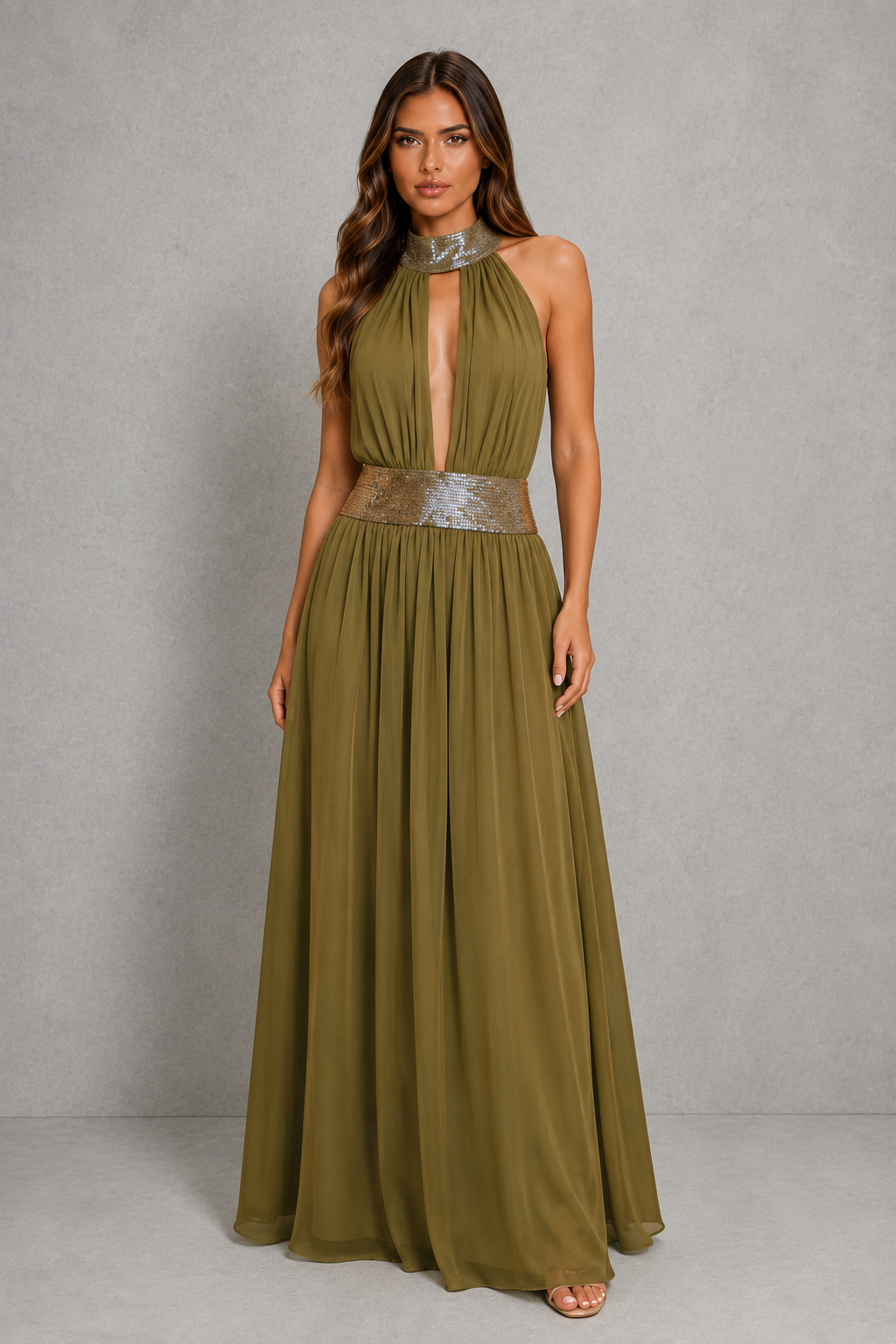 A woman modeling a floor-length olive green halter gown with a metallic silver choker and matching metallic silver waistband, standing against a textured gray studio backdrop.