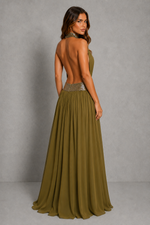 Women’s Embellished Halter Chiffon Maxi Dress with Open Back for Formal & Evening Wear