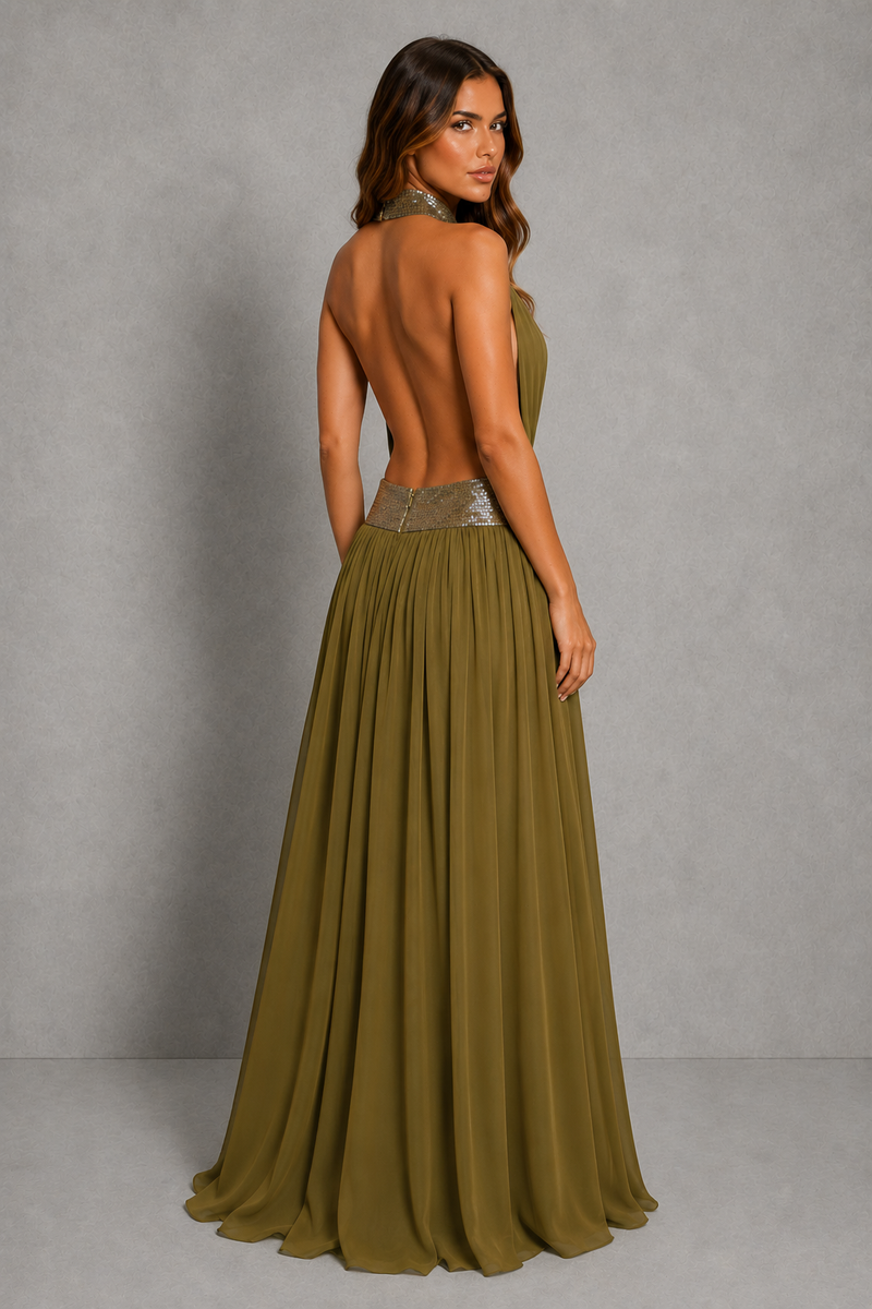 Women’s Embellished Halter Chiffon Maxi Dress with Open Back for Formal & Evening Wear