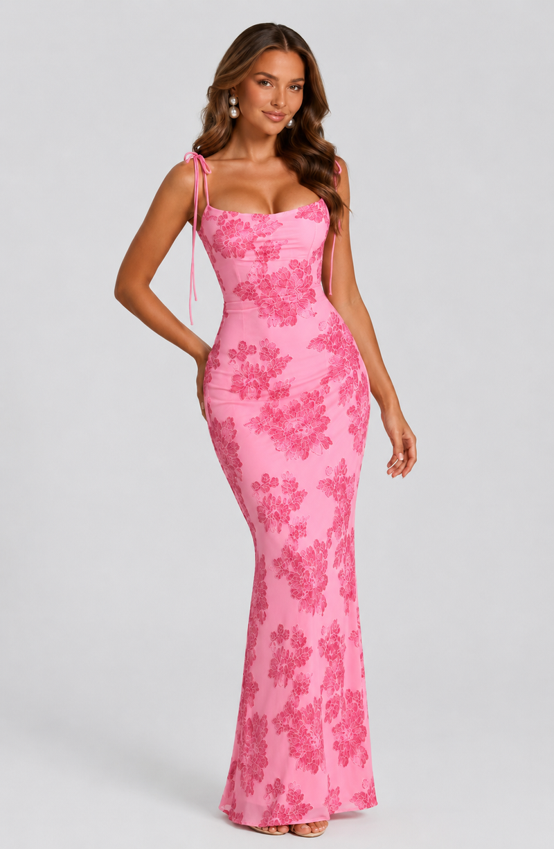Women's Embroidered Floral Maxi Dress with Tie Straps