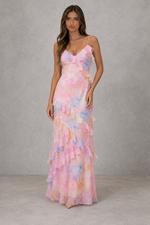 Women’s Floral Chiffon Maxi Dress with Ruffle Detail for Wedding Guest & Occasion Wear