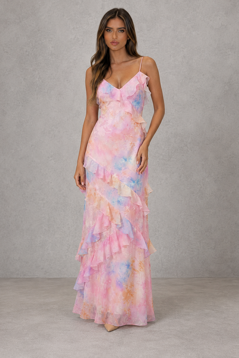 Women’s Floral Chiffon Maxi Dress with Ruffle Detail for Wedding Guest & Occasion Wear