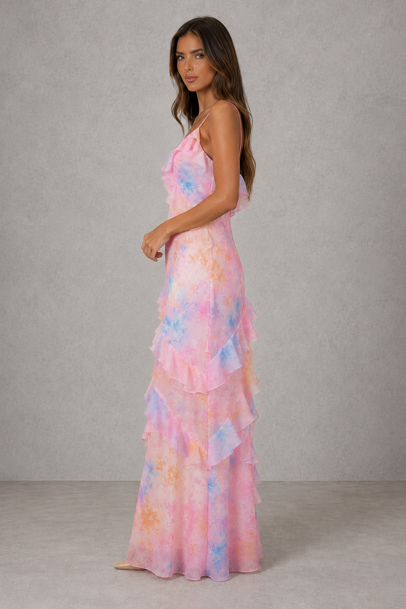 Women’s Floral Chiffon Maxi Dress with Ruffle Detail for Wedding Guest & Occasion Wear