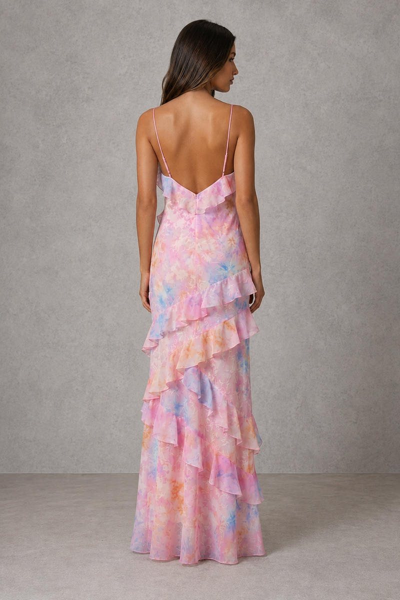 Women’s Floral Chiffon Maxi Dress with Ruffle Detail for Wedding Guest & Occasion Wear