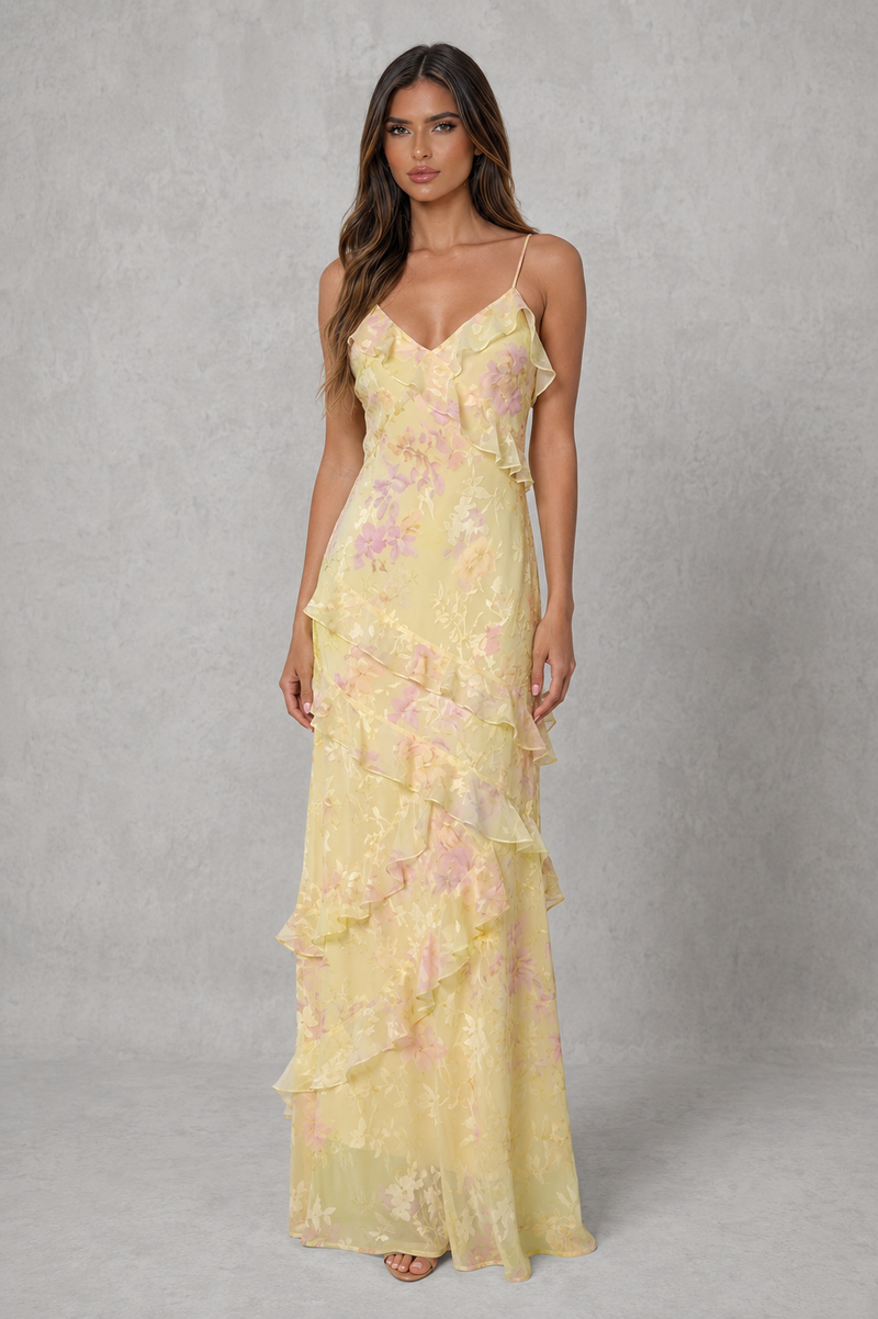 Women’s Floral Chiffon Maxi Dress with Ruffle Detail for Wedding Guest & Occasion Wear