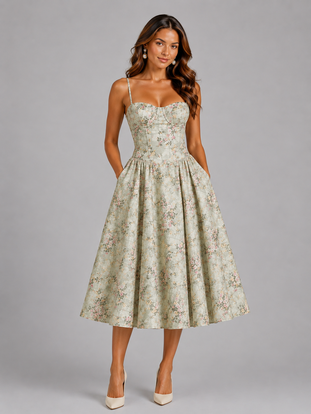 Woman wearing a floral dress on a gray background