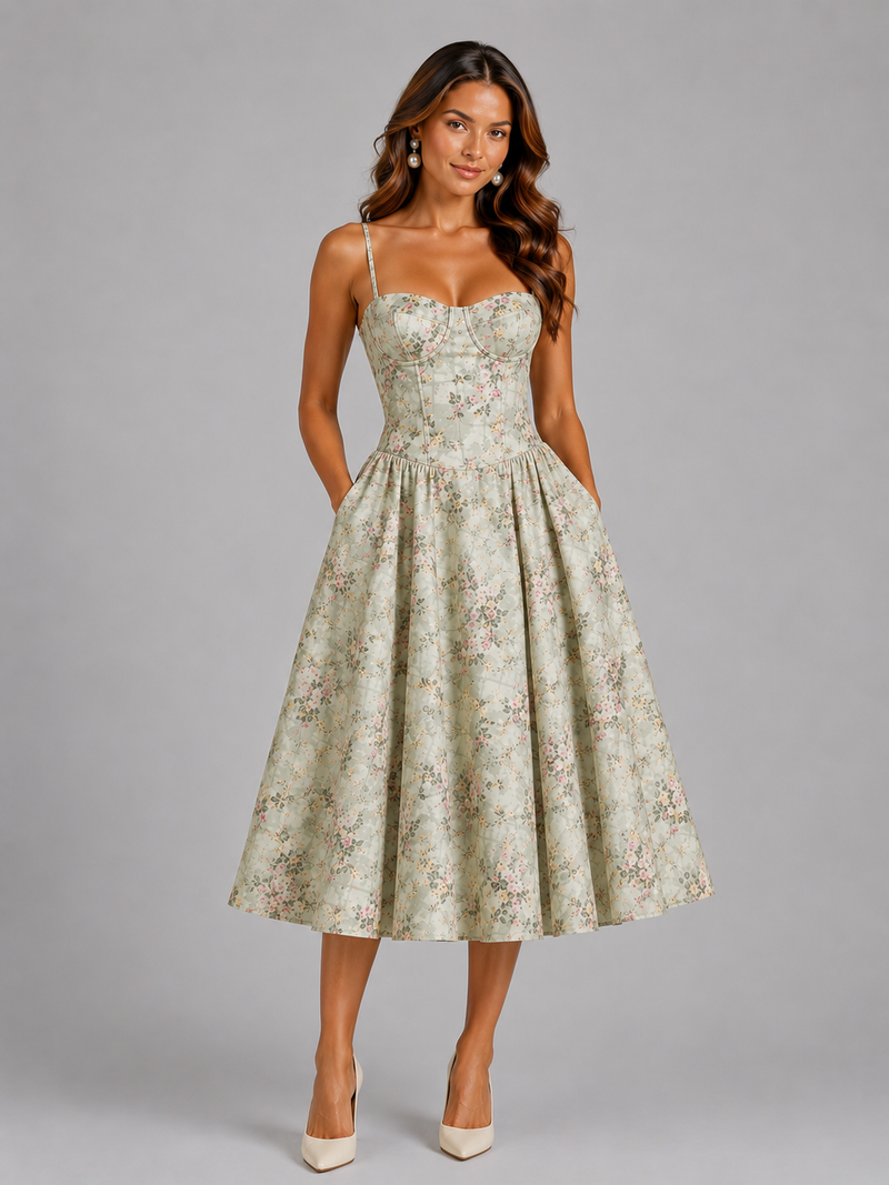 Woman wearing a floral dress on a gray background