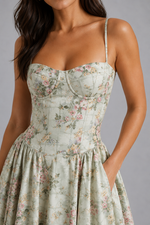 Floral dress worn by a model on a gray background