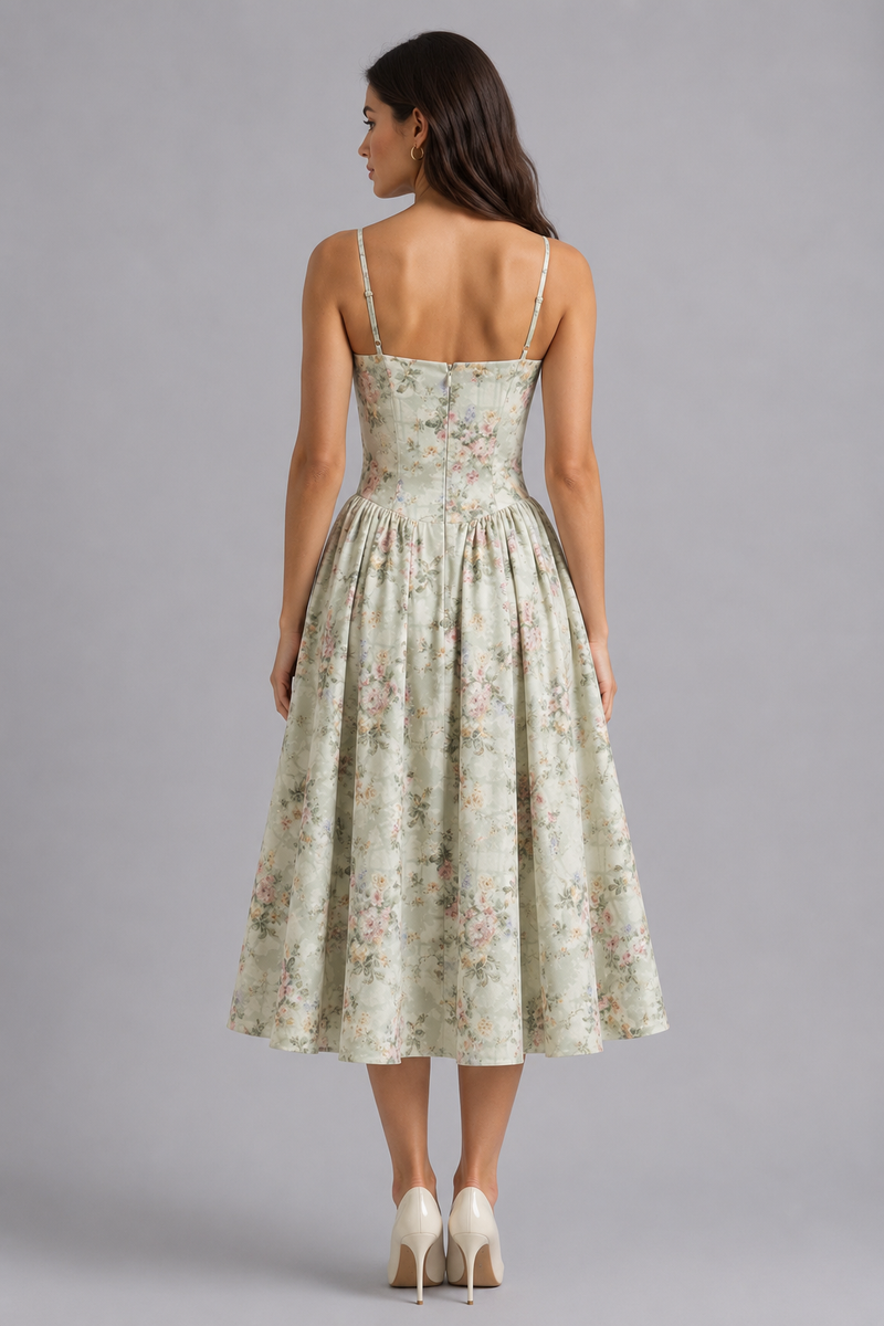 Woman wearing a floral dress on a gray background