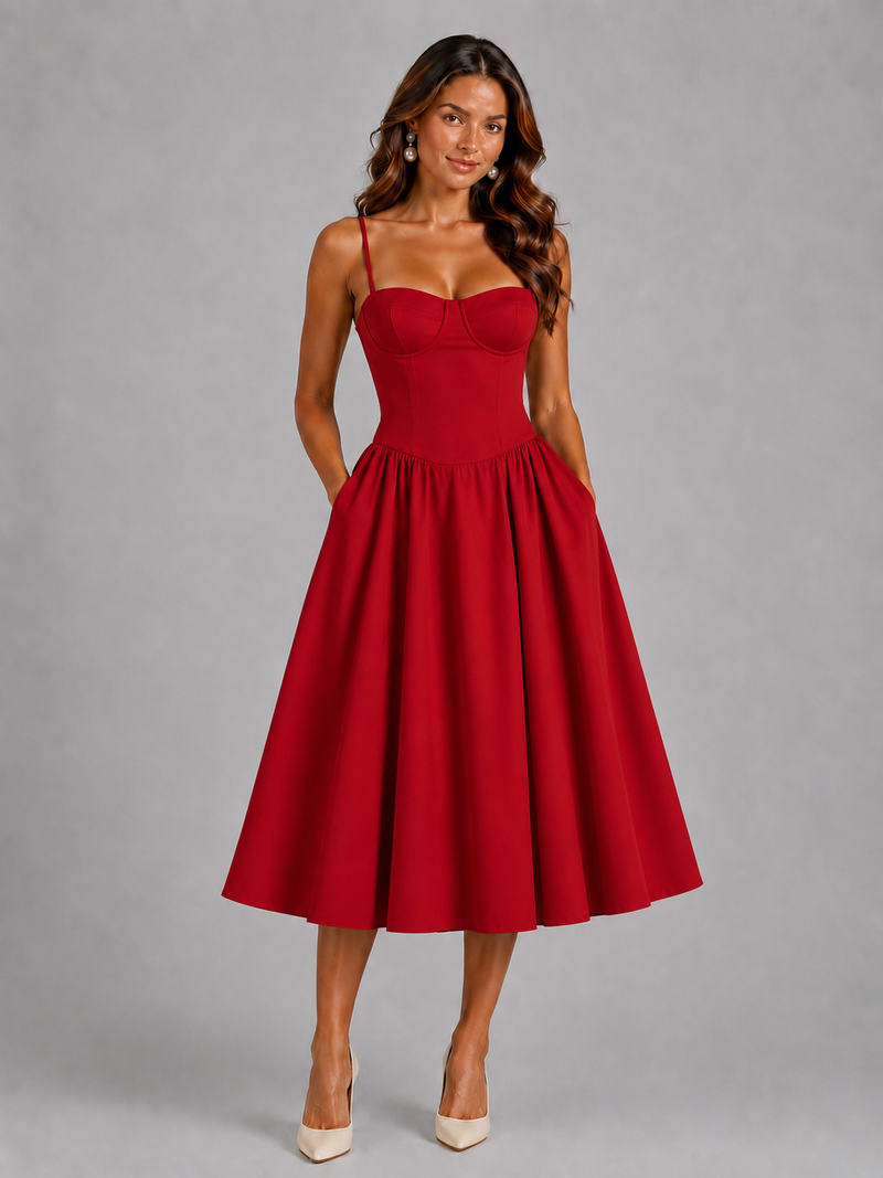 Woman wearing a red dress against a gray background