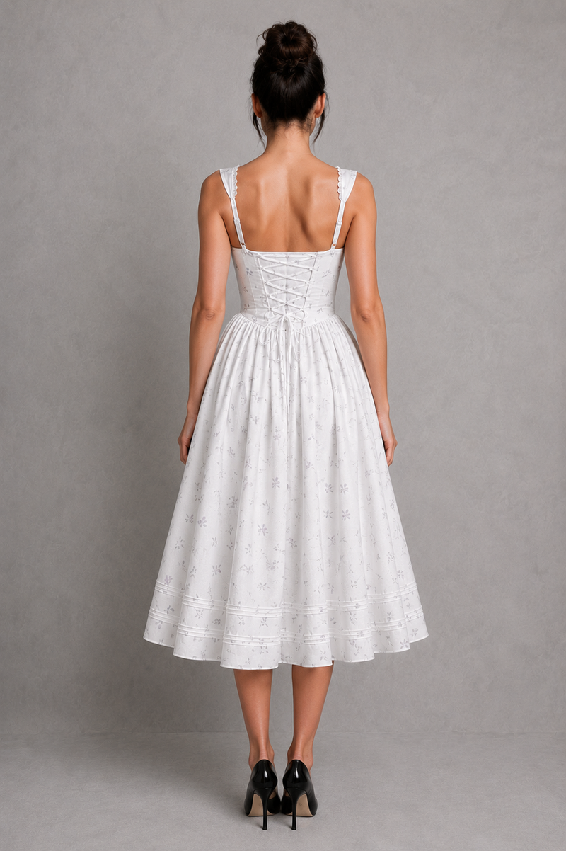 Woman wearing a white dress with thin straps against a gray background