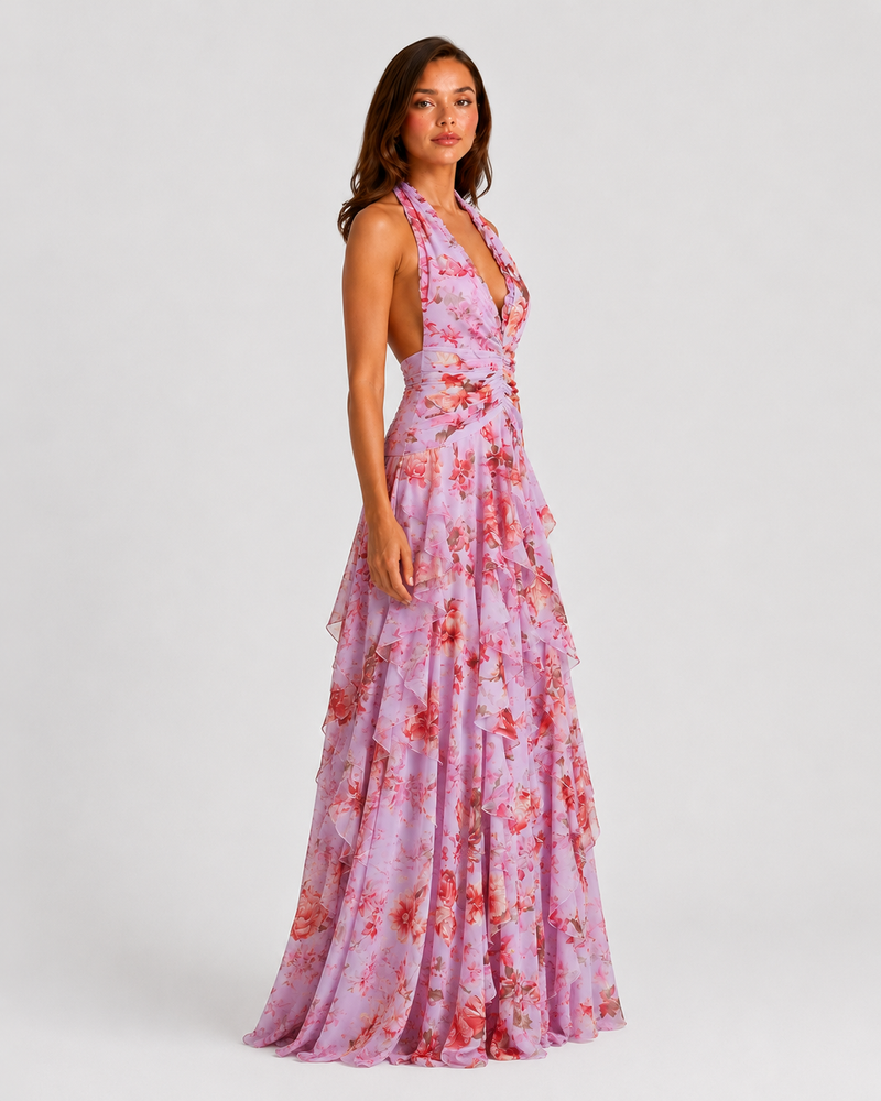 Woman wearing a floral dress on a white background