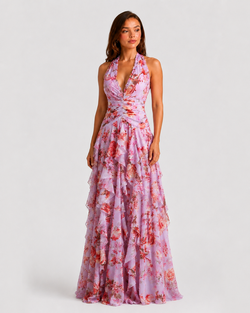 Woman wearing a floral dress on a white background