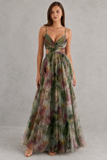 Woman wearing a floral dress against a gray background