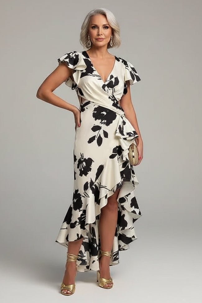 Woman in a black and white floral dress standing by a poolside.