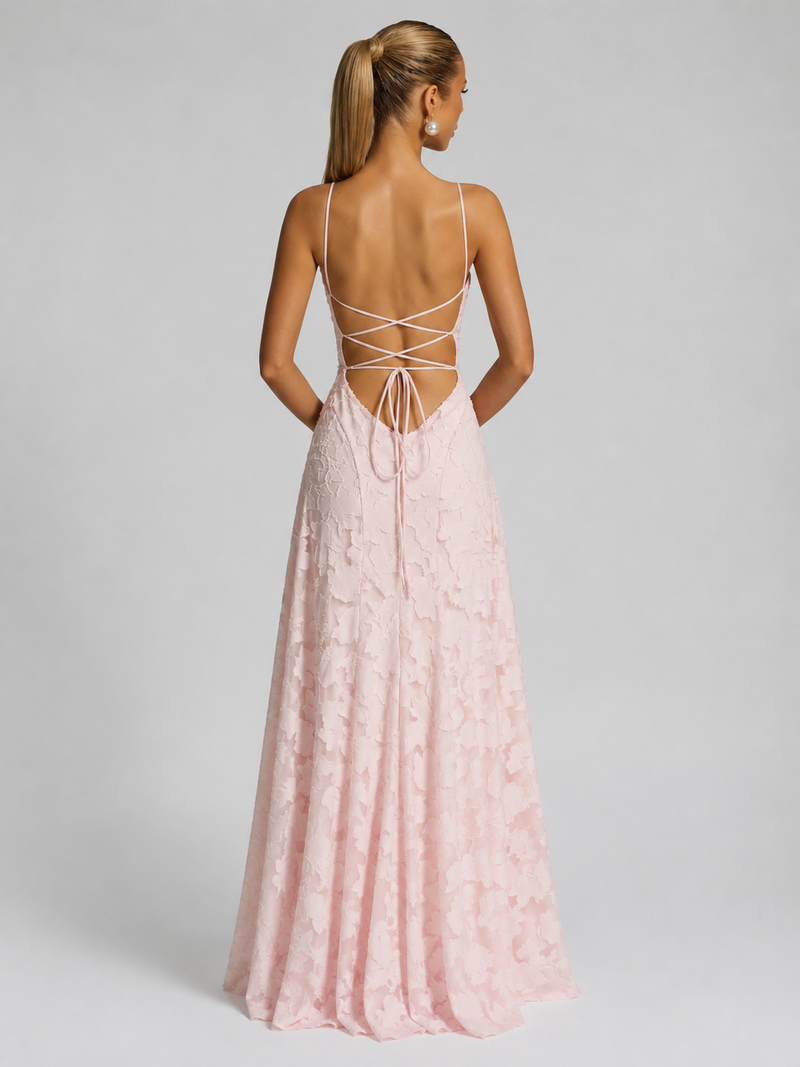 Women’s floral maxi occasion dress with fitted bodice and flowing skirt for elegant events