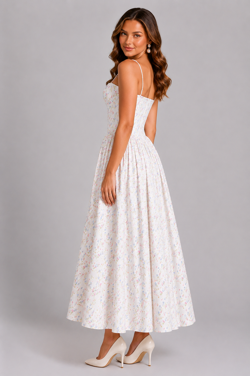 Woman wearing a white lace dress on a gray background