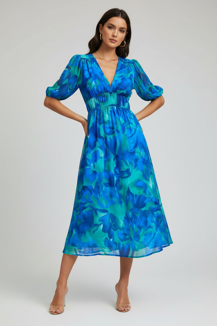Woman in a blue floral dress standing on stone steps outdoors
