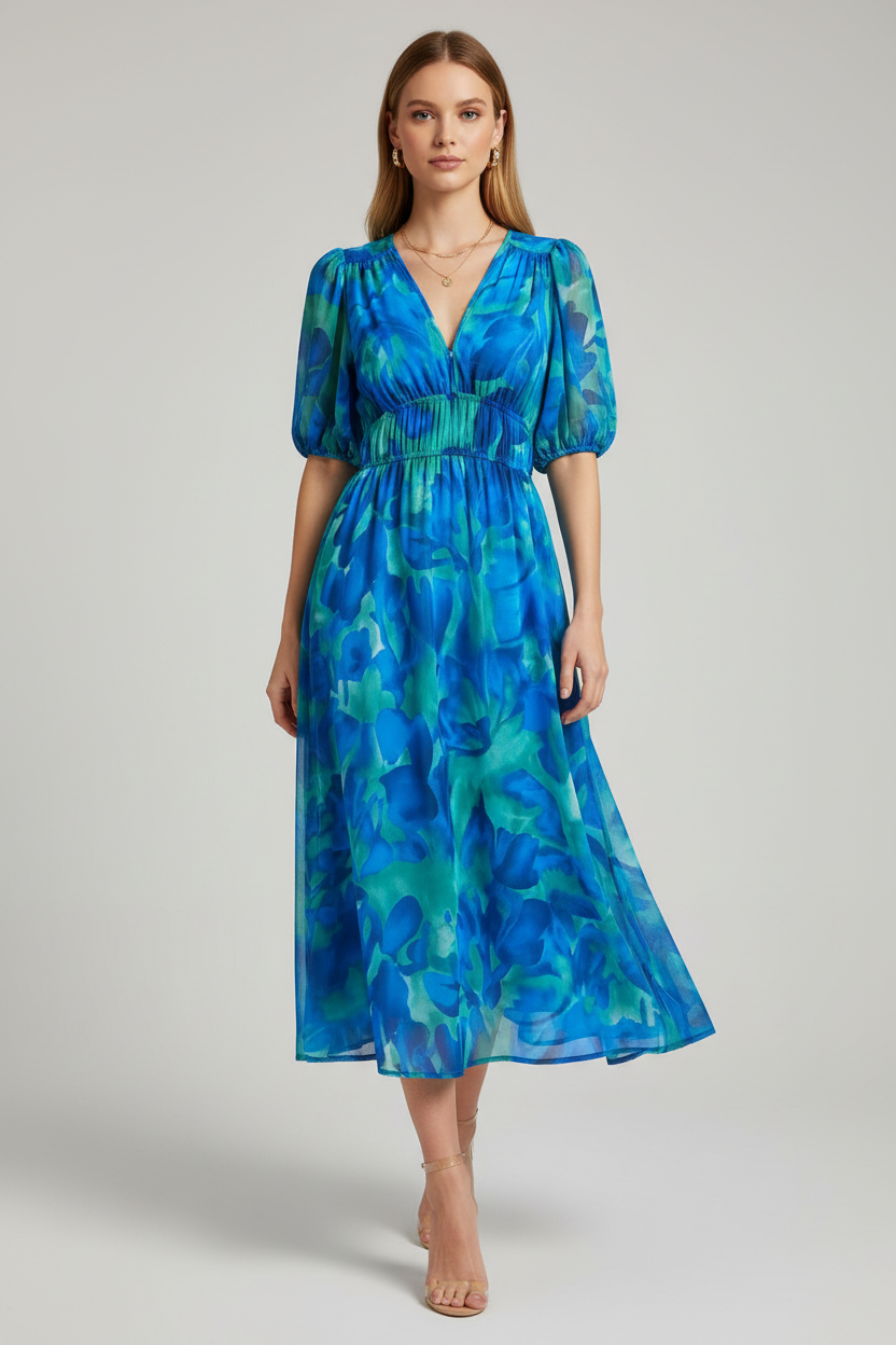 Woman wearing a blue floral dress standing on stone steps outdoors.