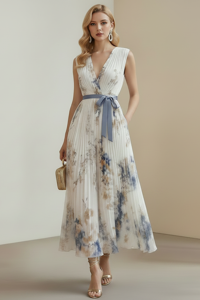 Woman wearing a floral dress with a plain background