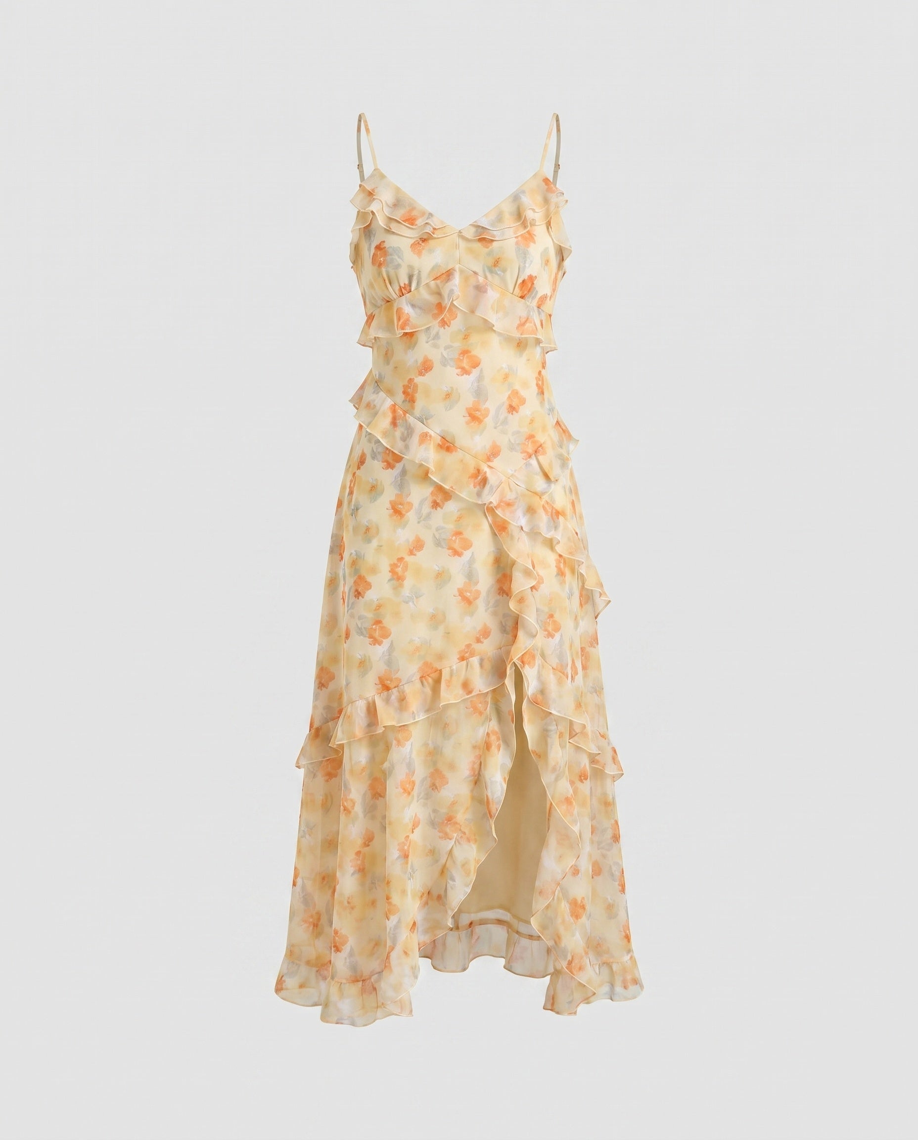 Floral dress with ruffled layers on a light gray background