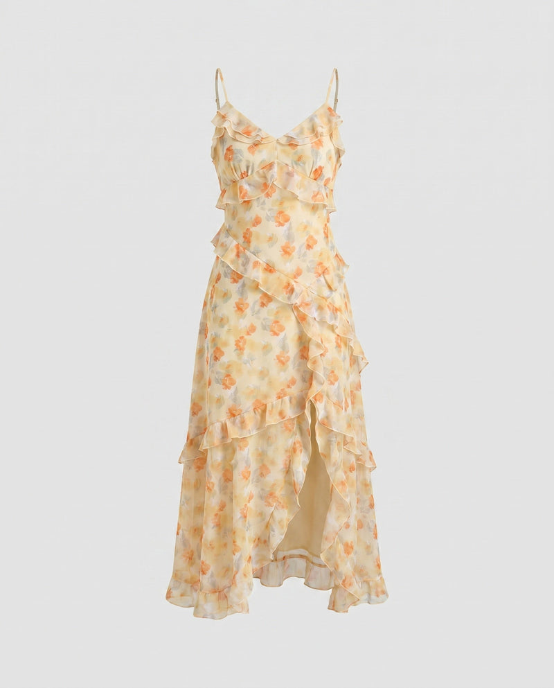 Floral dress with ruffled layers on a light gray background