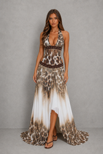 Women’s Halter Backless Maxi Dress with Waterfall Hem for Formal & Evening Wear