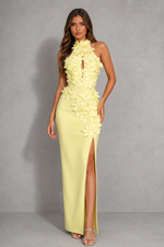 A woman modeling a pale yellow sleeveless maxi dress with 3D floral applique on the bodice and hips, a high slit, and a keyhole cutout at the neckline, set against a gray studio backdrop.