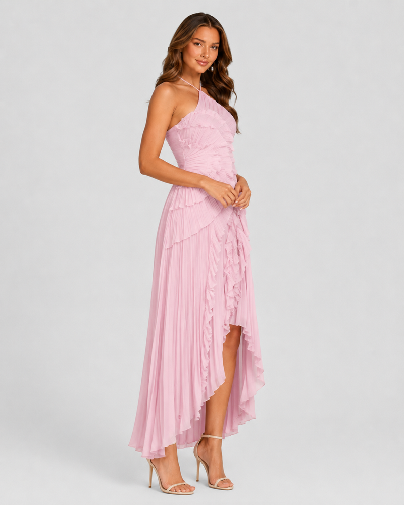 Woman wearing a pink one-shoulder dress on a white background