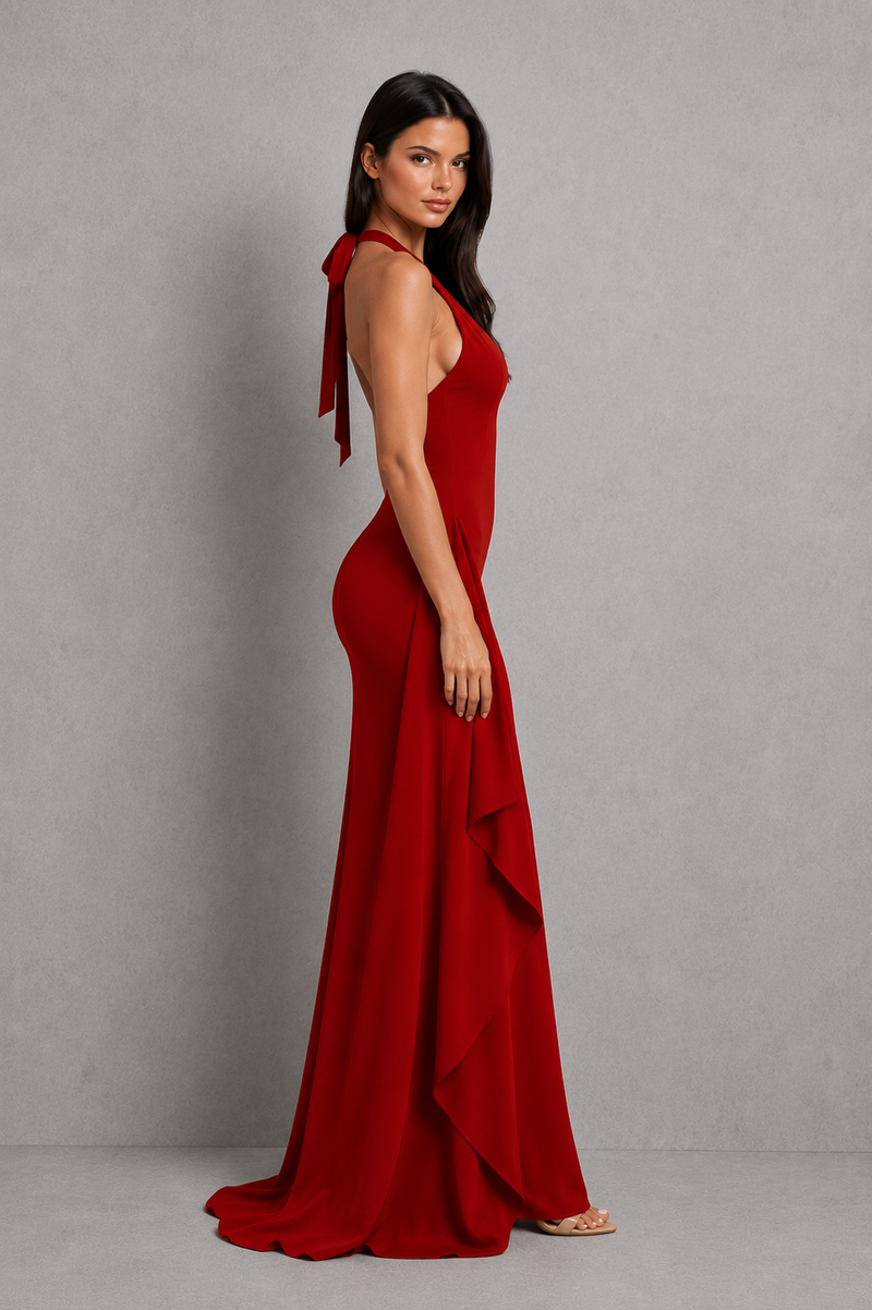 A woman modeling a floor-length red halter gown with a side tie detail and layered ruffle skirt, photographed against a neutral gray studio backdrop.