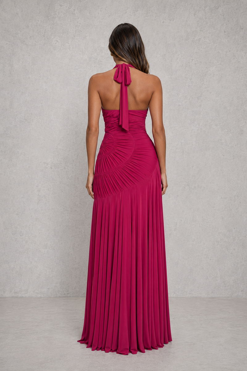 Women’s Halter Mesh Maxi Dress with Plunge Neckline for Wedding, Formal & Occasion Wear