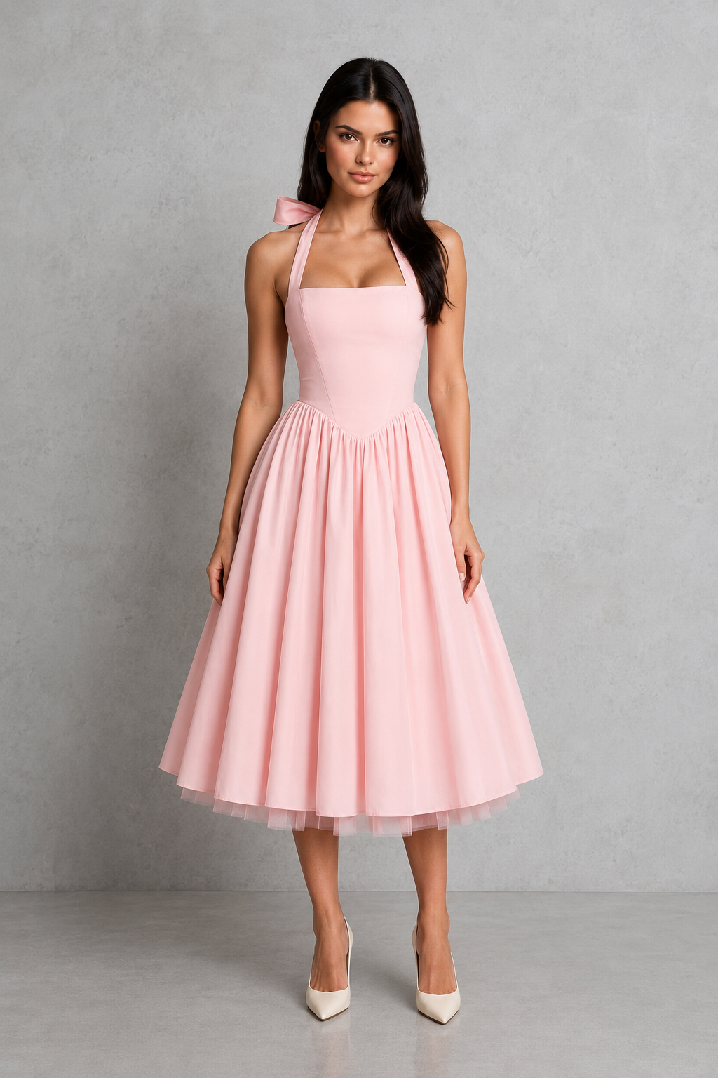 Woman wearing a pink dress with a bow detail on a gray background