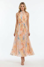 Women’s halter neck maxi dress with watercolor print and open back