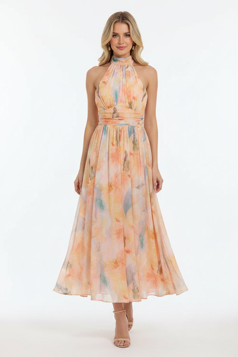 Women’s halter neck maxi dress with watercolor print and open back