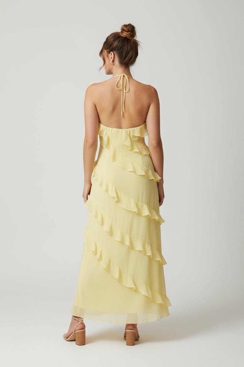 Women’s halter neck maxi dress with ruffle details and flowing silhouette