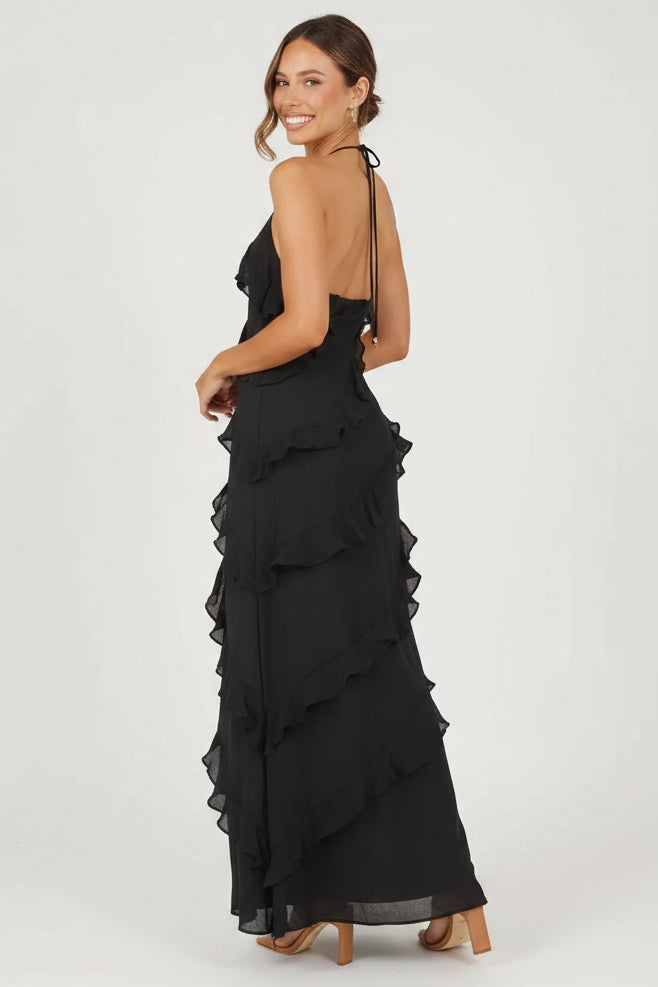 Women’s halter neck maxi dress with ruffle details and flowing silhouette