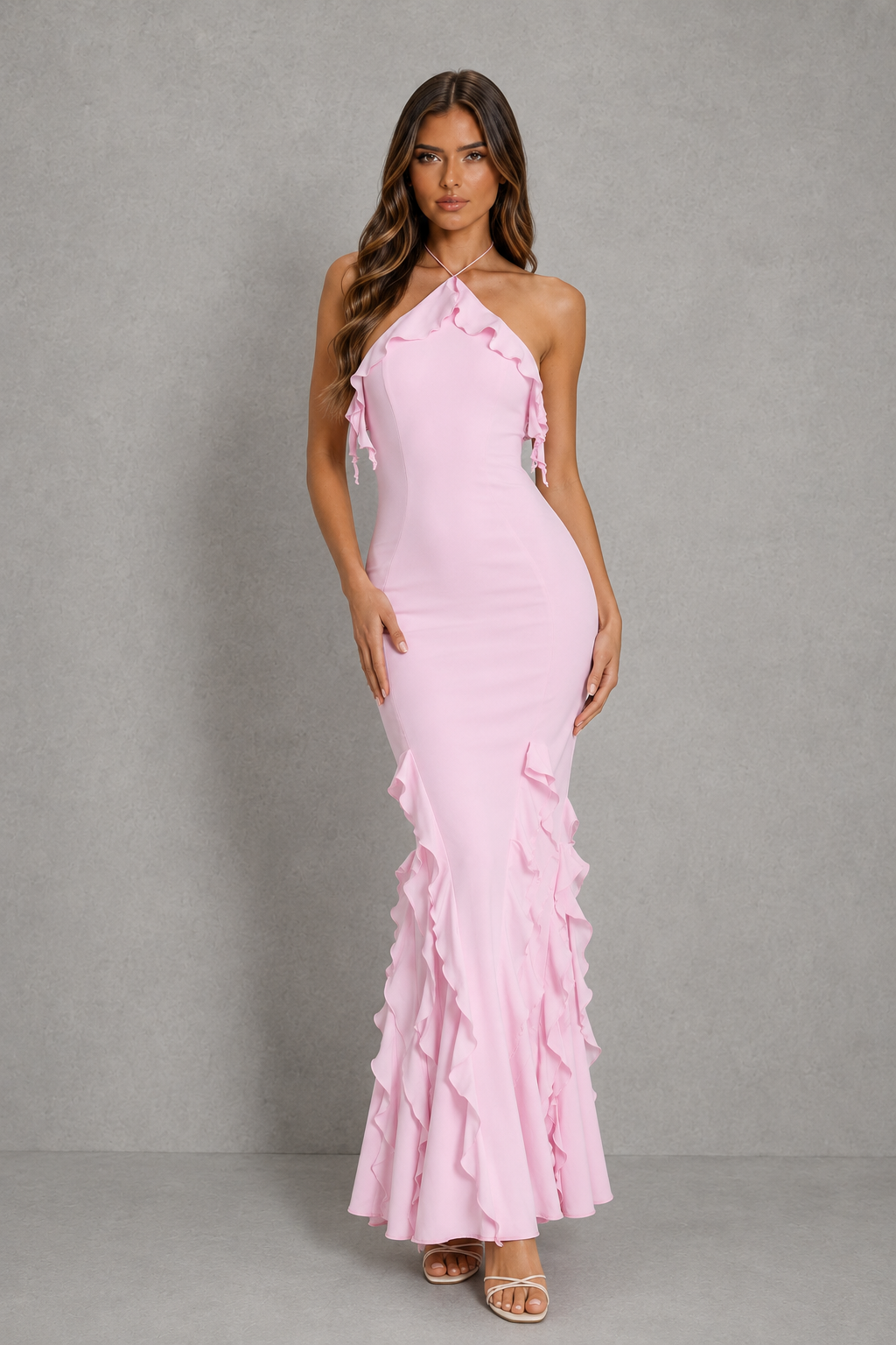 A woman modeling a light pink halter-neck maxi dress with ruffle details along the neckline and flared hem, standing against a textured gray studio backdrop.