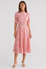 Woman wearing a pink lace dress on a white background