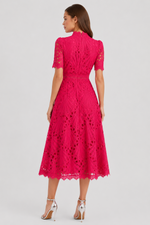 Woman wearing a pink lace dress on a white background